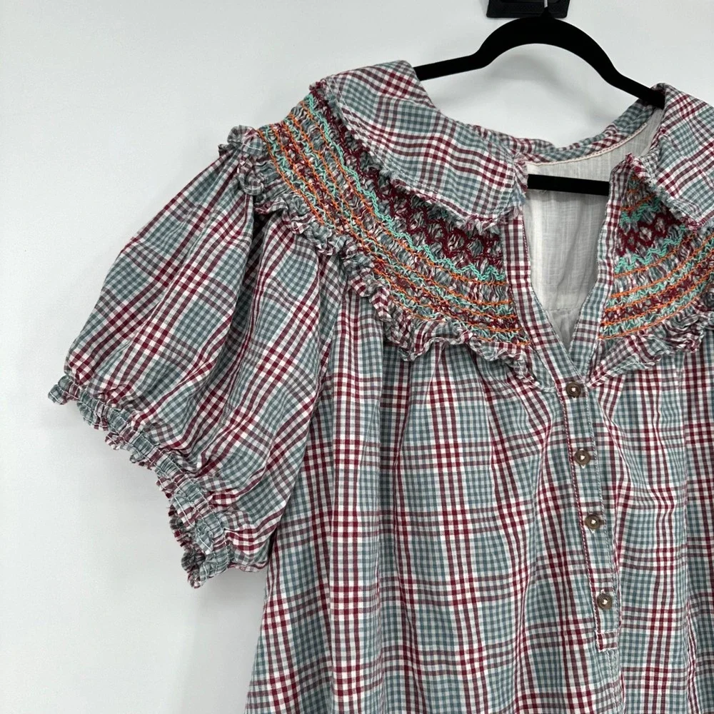 Pilcro Anthropologie Short Sleeve V Neck Smocked Babydoll Mini Dress Pockets 3X - Picture 3 of 6